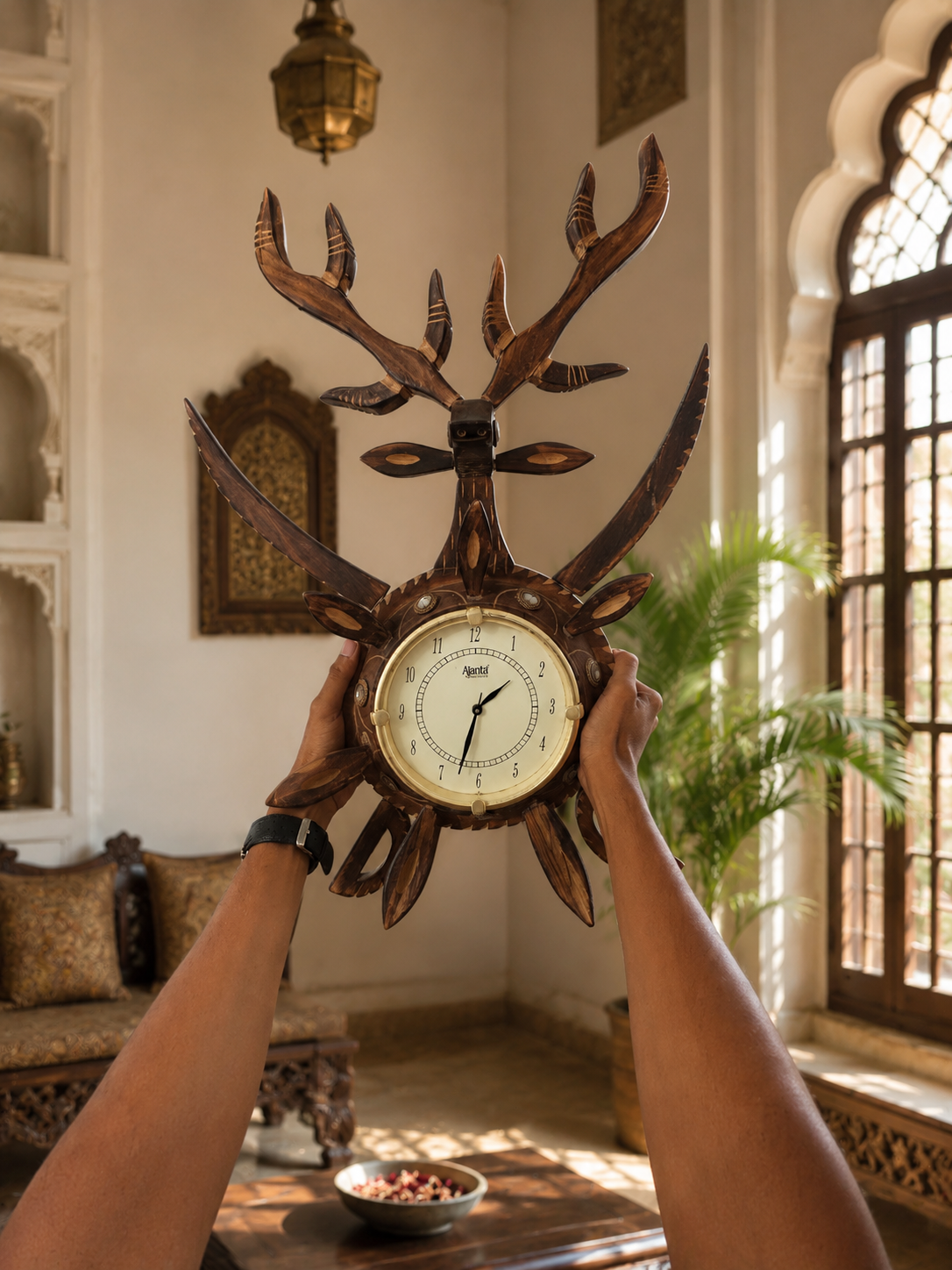 Handcrafted Sheesham Wood Deer Wall Clock | Wooden Wall Decor